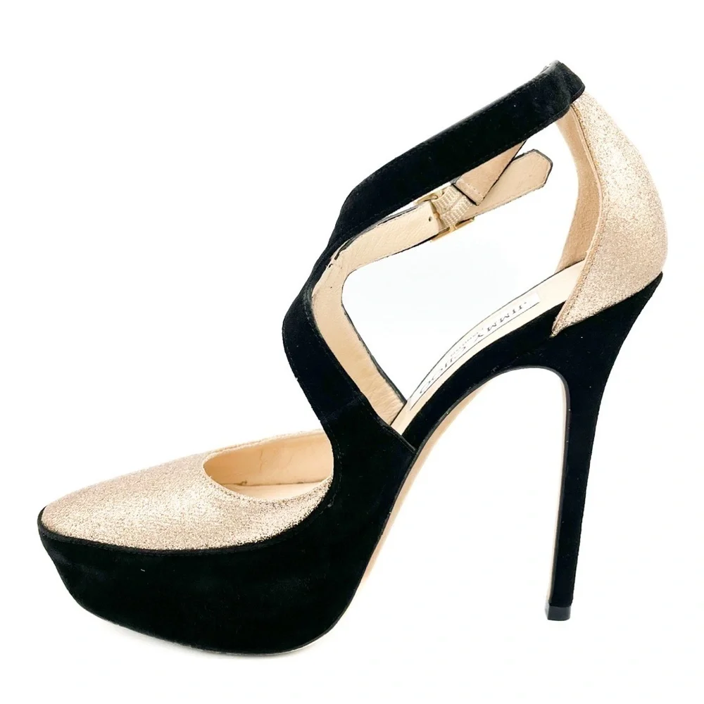 Jimmy Choo Tulip Glitter-Suede Criss Cross Platform Stiletto Heel Pumps - Picture 2 of 9